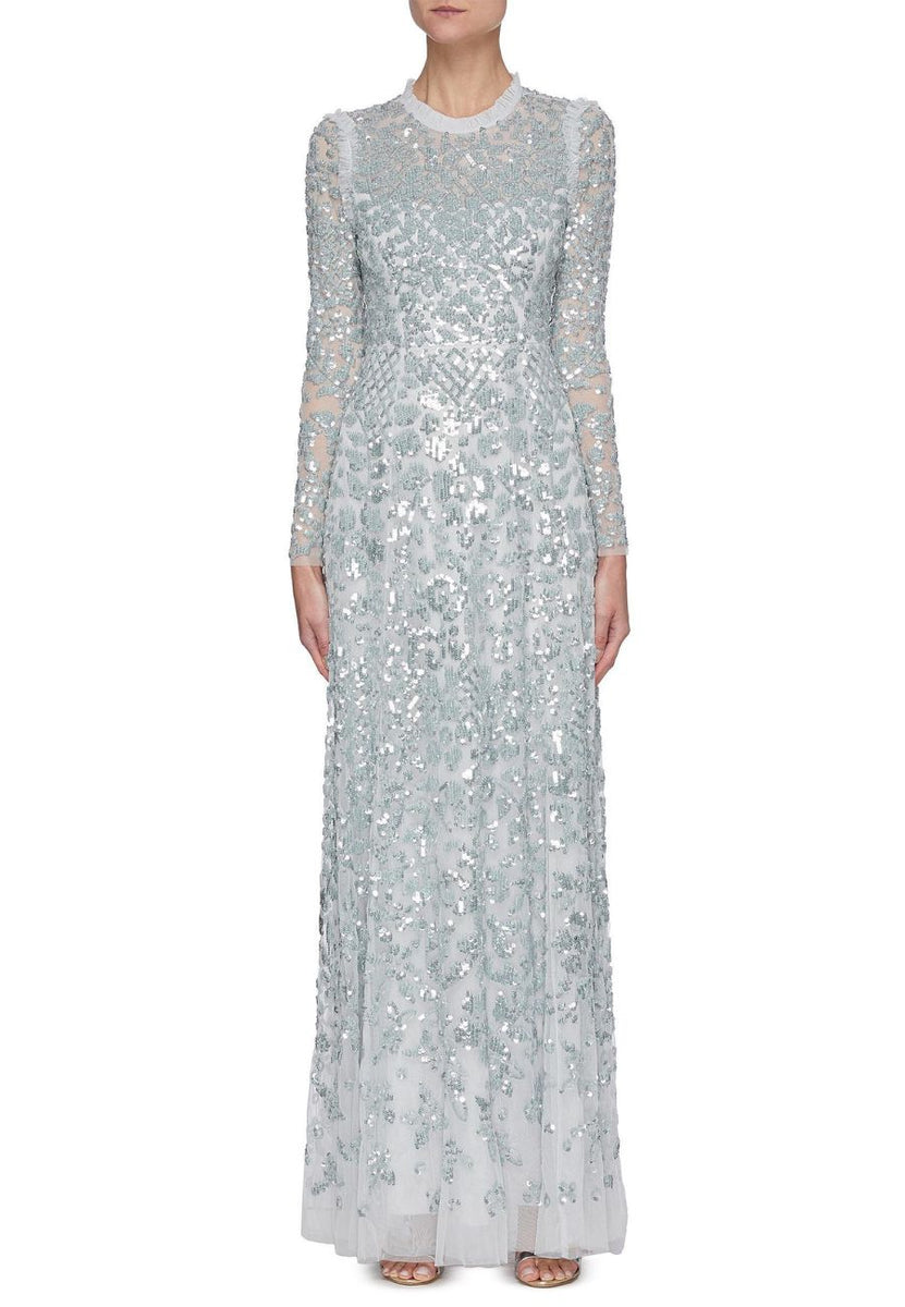 needle and thread long sleeve dress Needle & Thread Silvery Blue Amaryllis Long Sleeves Embellished Gown (UK 8)