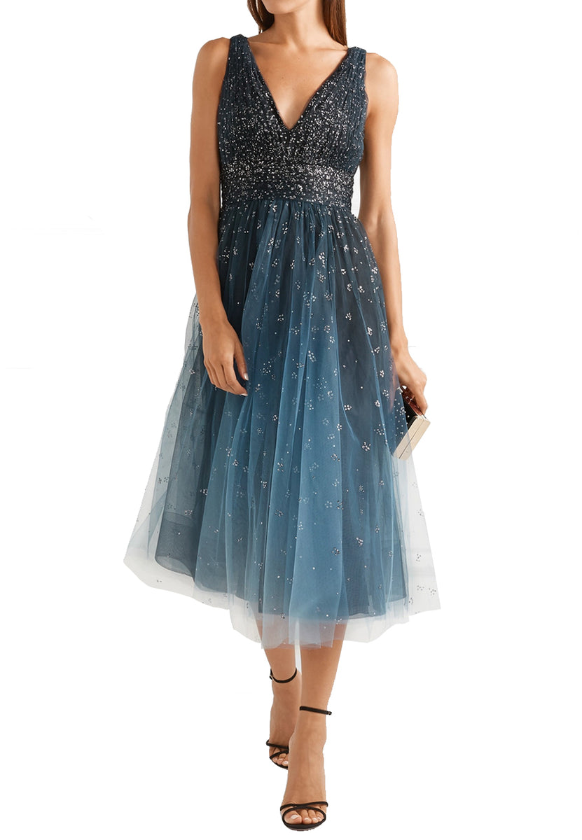 Marchesa Notte Blue Embellished OmbrǸ Tulle Midi Dress