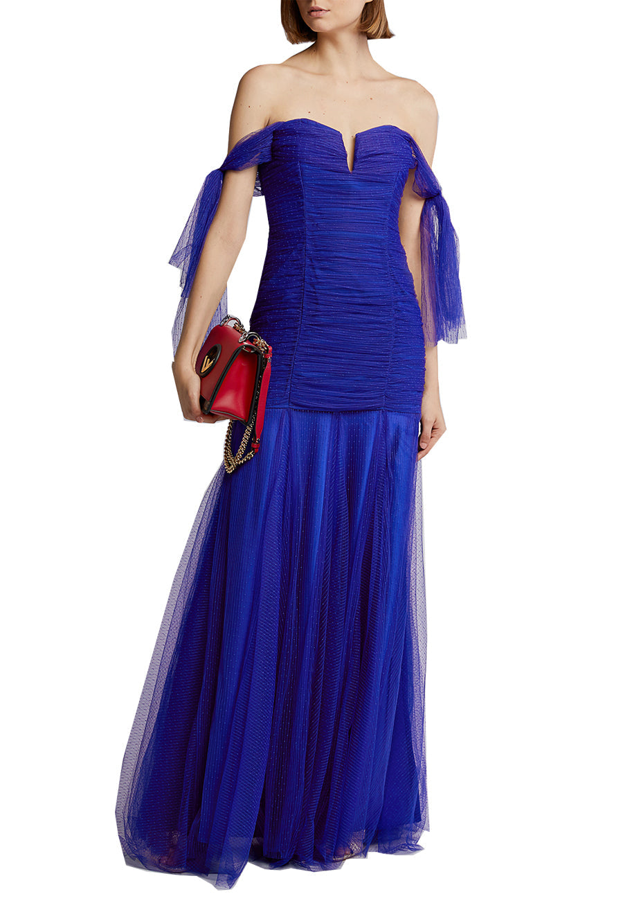 Royal Blue Satin Knee Length Off Shoulder Cocktail Dress – TANYA BRIDAL