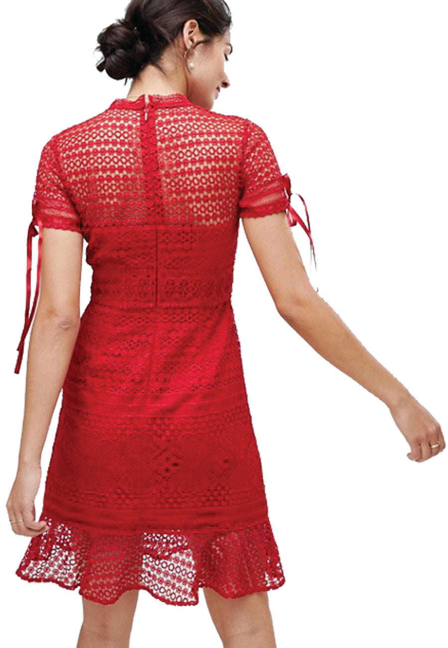 Chi Chi London Red Christelle Short Sleeves Geometric Lace Mini Dress | Wardrobista.com Chi Chi London Red Christelle Short Sleeves Geometric Lace Mini Dress | Wardrobista.com