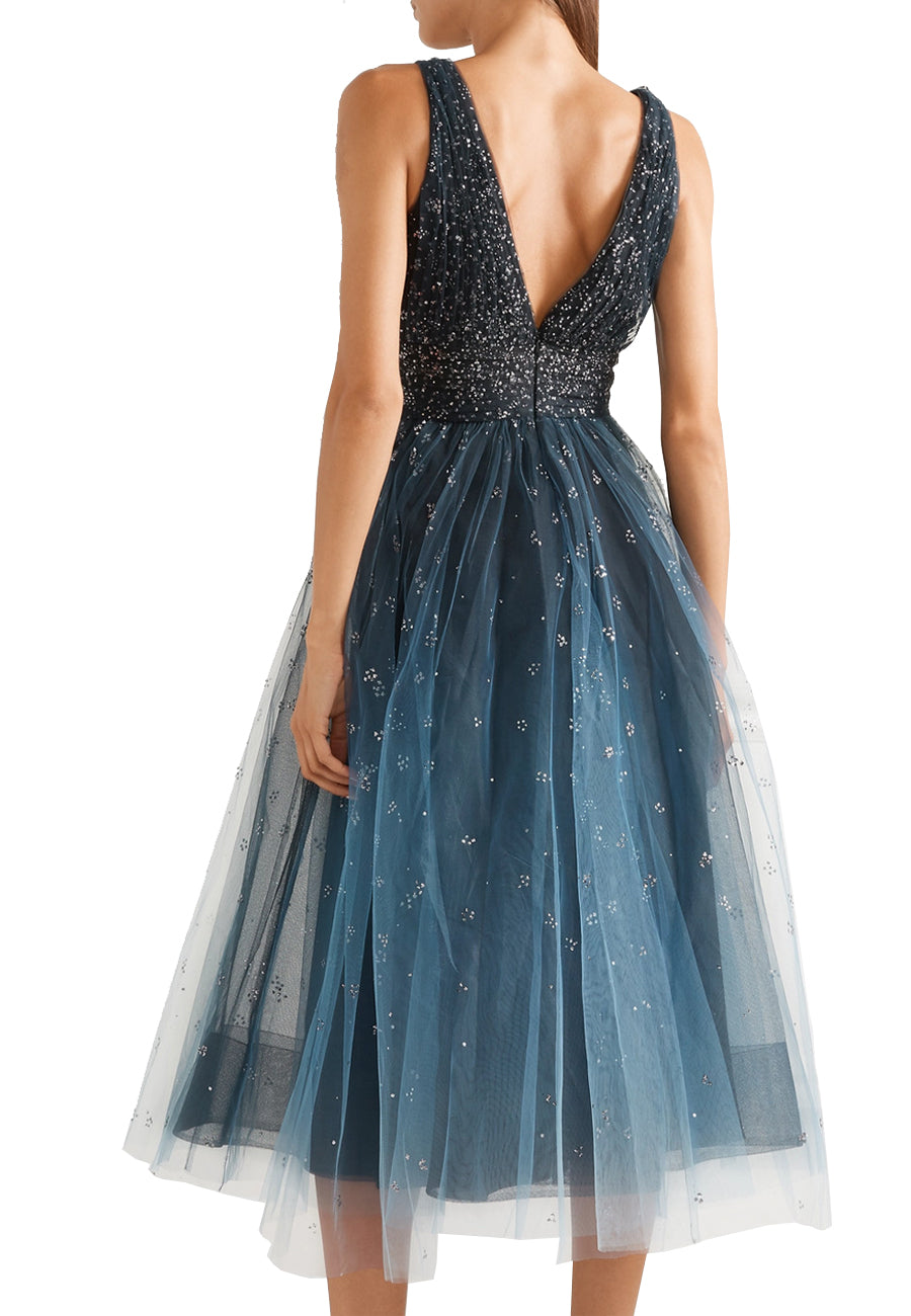 Blue Embellished OmbrǸ Tulle Midi Dress