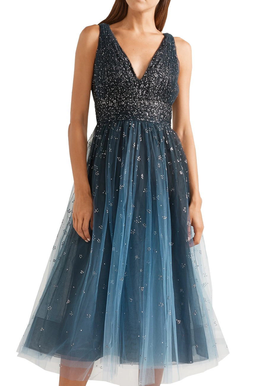 Blue Embellished OmbrǸ Tulle Midi Dress