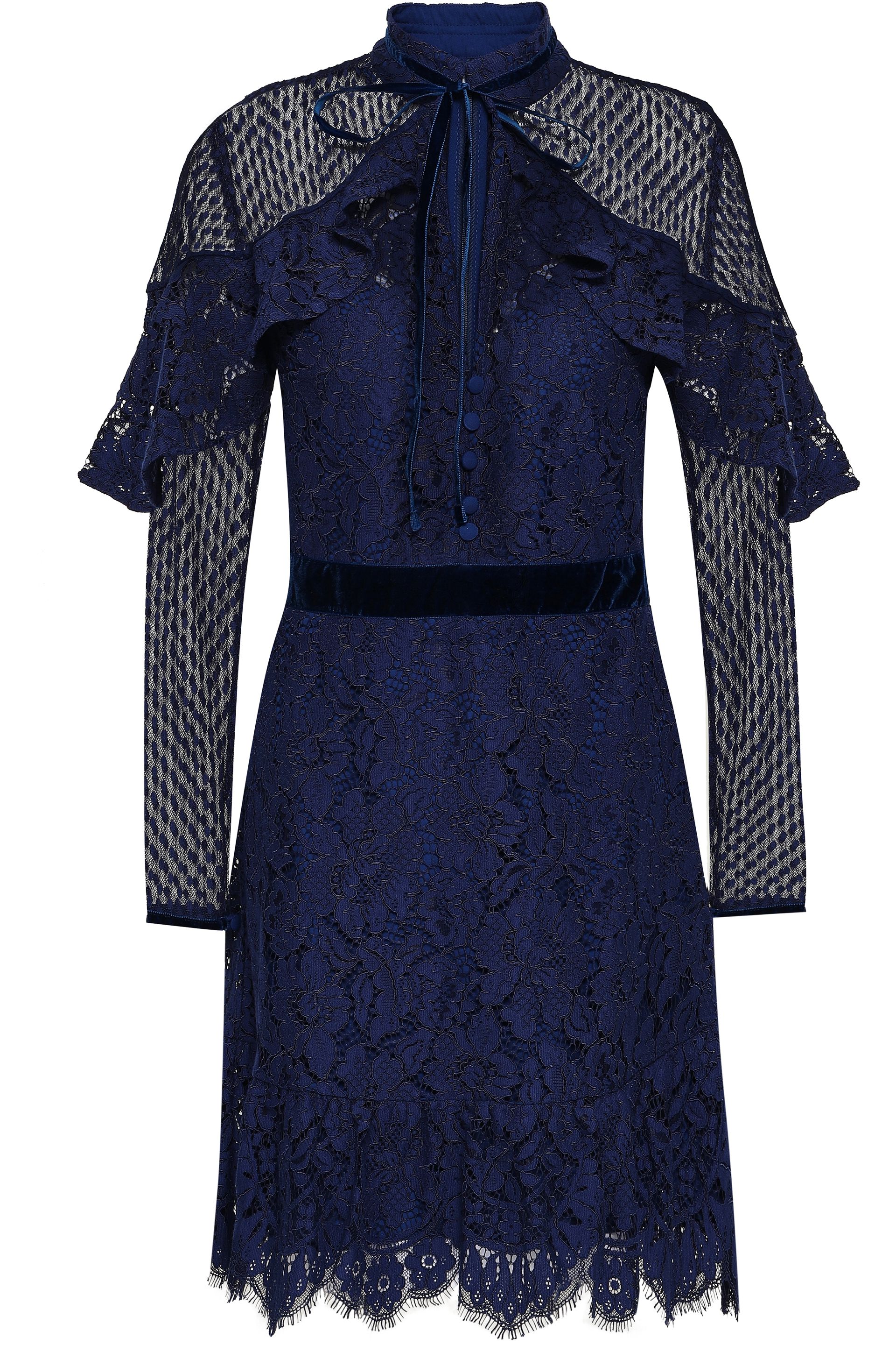 chinese dress ladies Perseverance Navy Ruffle Lace Velvet Trimmed Long Sleeves Mini Dress  (Pre-loved)