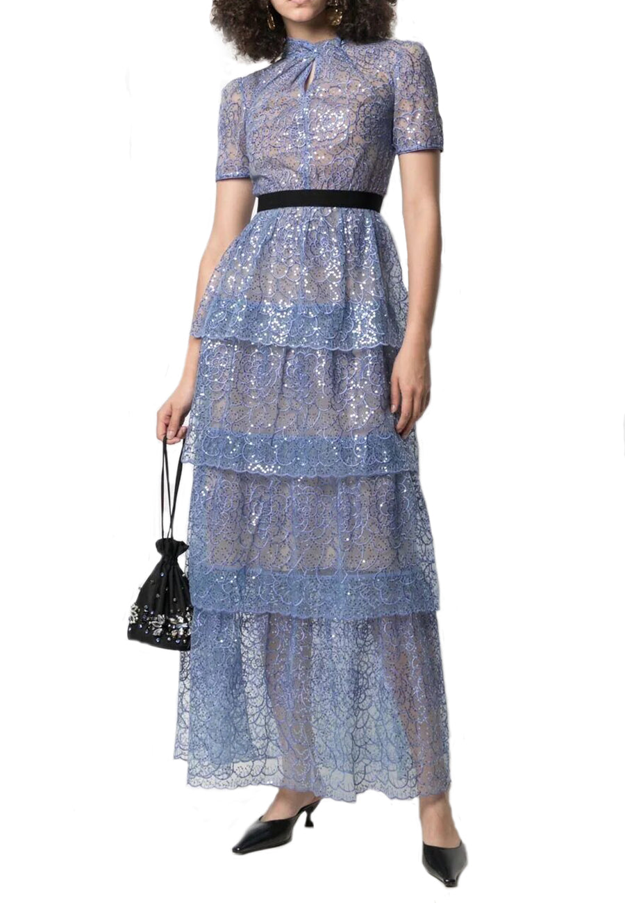 Self Portrait Lilac Short Sleeves Floral Lace Tiered Maxi Dress