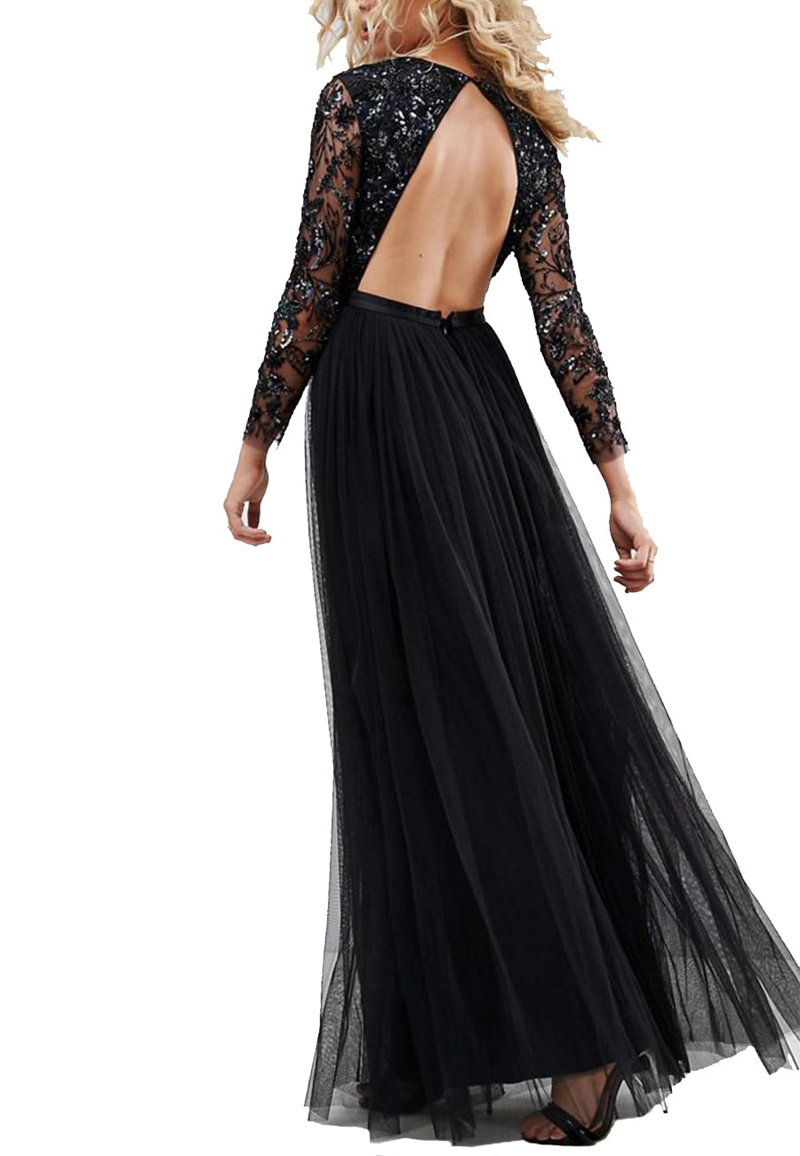 Black V-Neck Sheer Mesh Sleeve Slim Fit Glitter Sequin Dress – Wear.Style